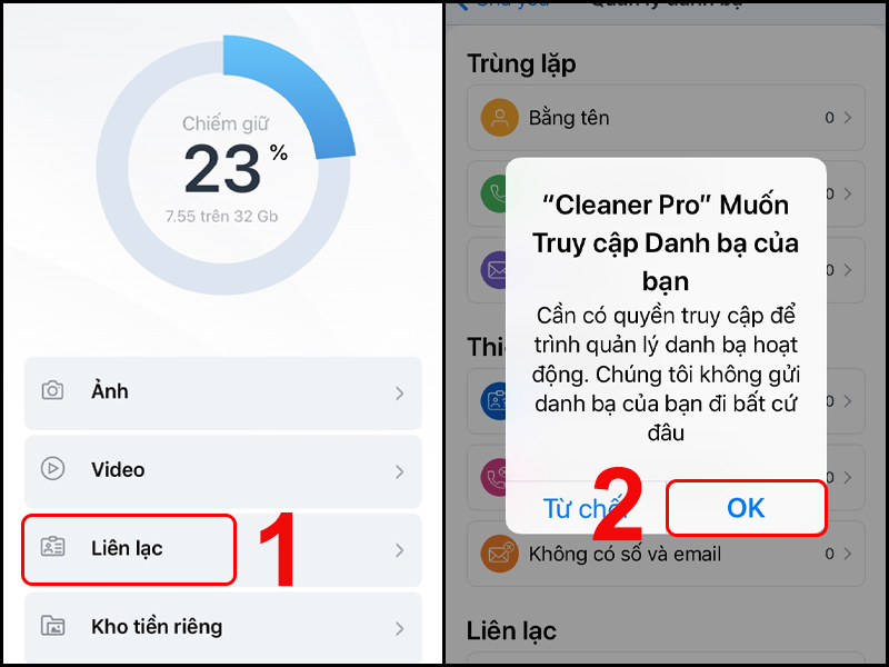 Cho phép ứng dụng truy cập vào danh bạn điện thoại của bạn